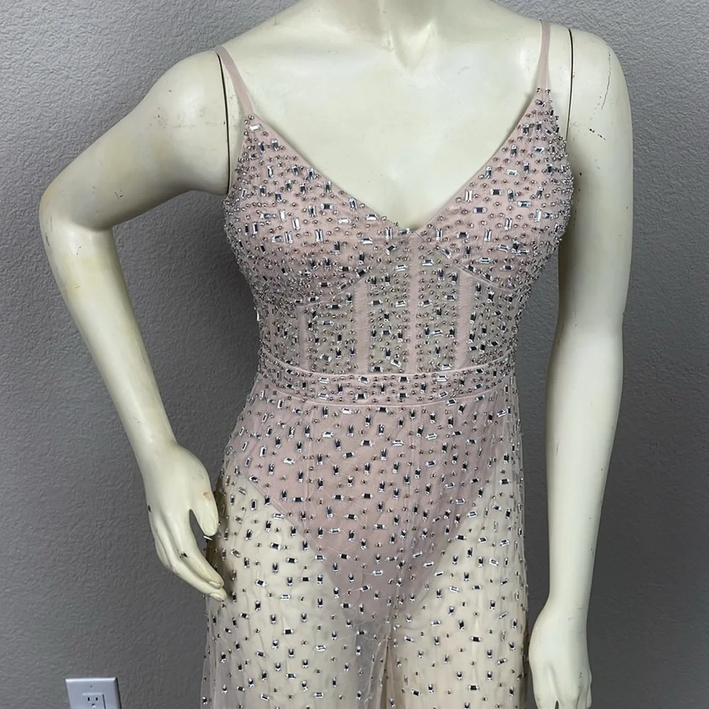 NWT Mac Duggal Sheer Nude Beaded Corset Bodysuit Jumpsuit Wide Leg Sample Sz 2
